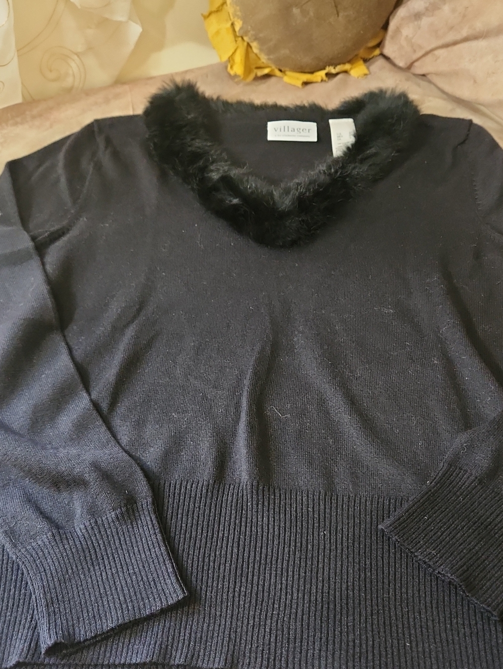 villager Black V-neck Sweater with Faux Fur Trim